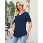 Women'S V Neck Casual Tops Lace Short Sleeve Summer Tunic Shirts For Women Loose Fit Breathable Cotton Blouses