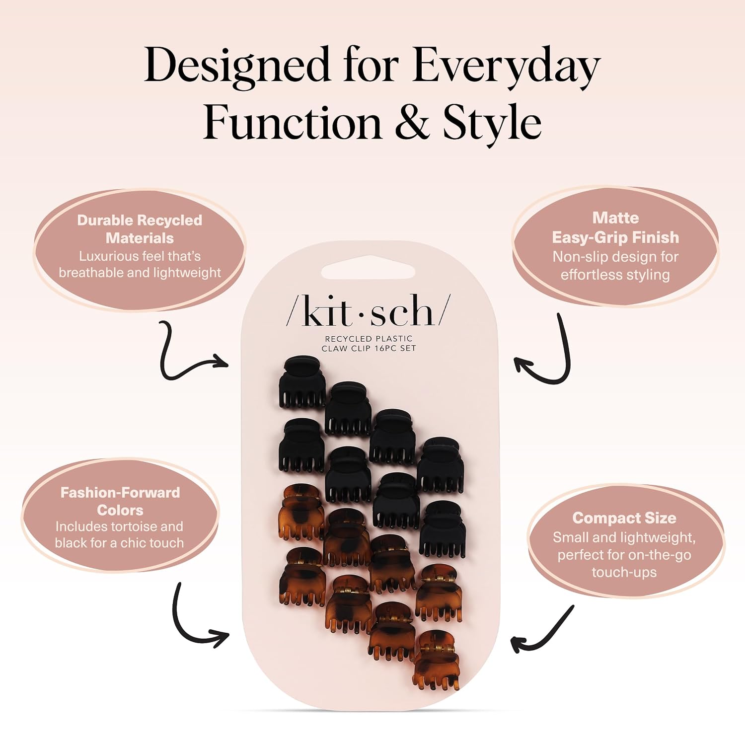 Kitsch Mini Claw Clips For Women - Stylish Small Hair Clips For Kids | Stays In Place Without Pulling Or Snagging | Durable & Sturdy Plastic - Tortoise & Black, 16 Pcs