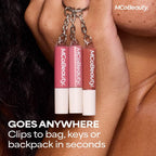 Mcobeauty Lip Gloss Trio - Keychain Lip Gloss Set Of 3 Mini Glosses | 3 High Shine Shades Clip Onto Your Keys, Hydrating Non Sticky Formula, Smooth Doe Foot Glide For Easy Touch Ups