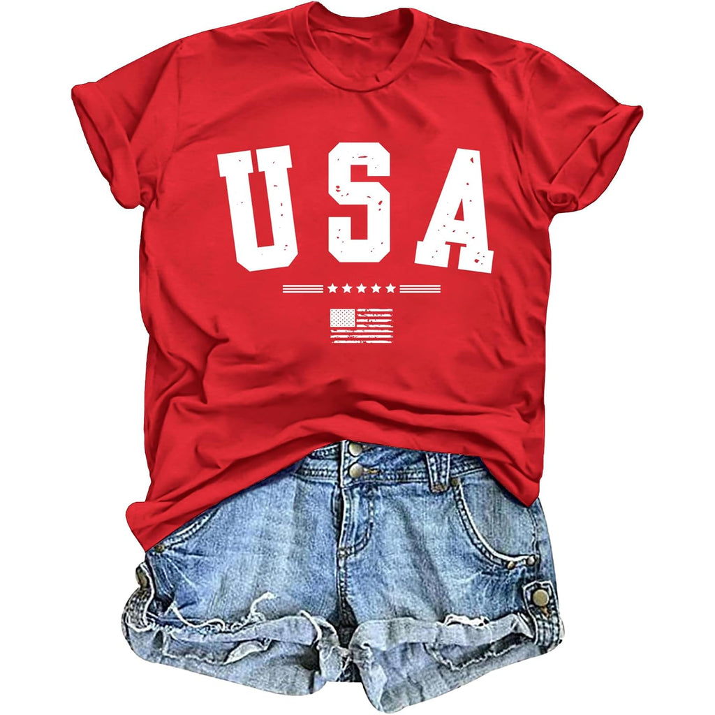 American Flag Shirts for Women: USA Flag Graphic Tee 4th July T Shirt Blouse Tops Red2