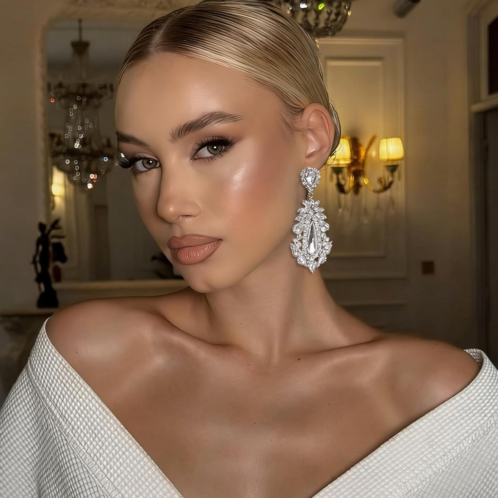Prom Silver Chandelier Earrings for Women Dangling Hypoallergenic Large Rhinestone Drop Earrings Formal Wedding Jewelry