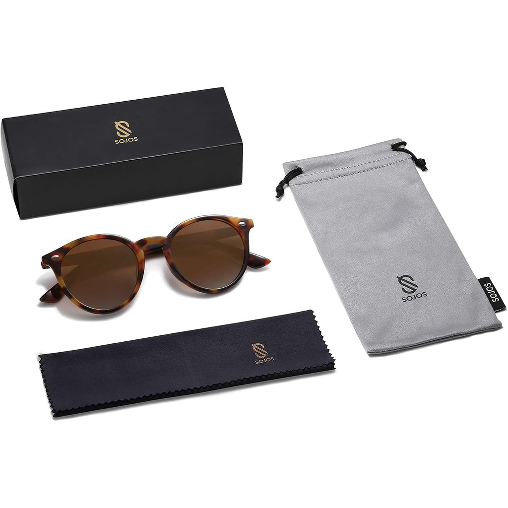 SOJOS Retro Round Polarized Sunglasses for Women Men Classic Vintage Sunnies SJ2069 Amber Tortoise/Brown
