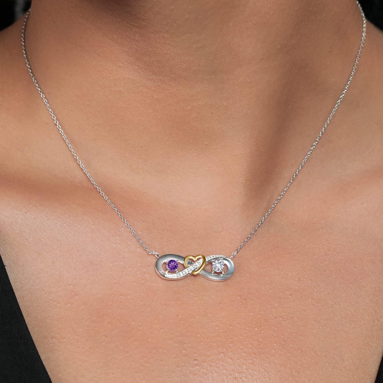 Gem Stone King Customized Personalized Engraved 2-Stone Heart Interlocking Infinity Pendant Necklace For Women | 925 Sterling Silver and 10K Yellow Gold | Gemstone Birthstone and Lab Grown Diamond |