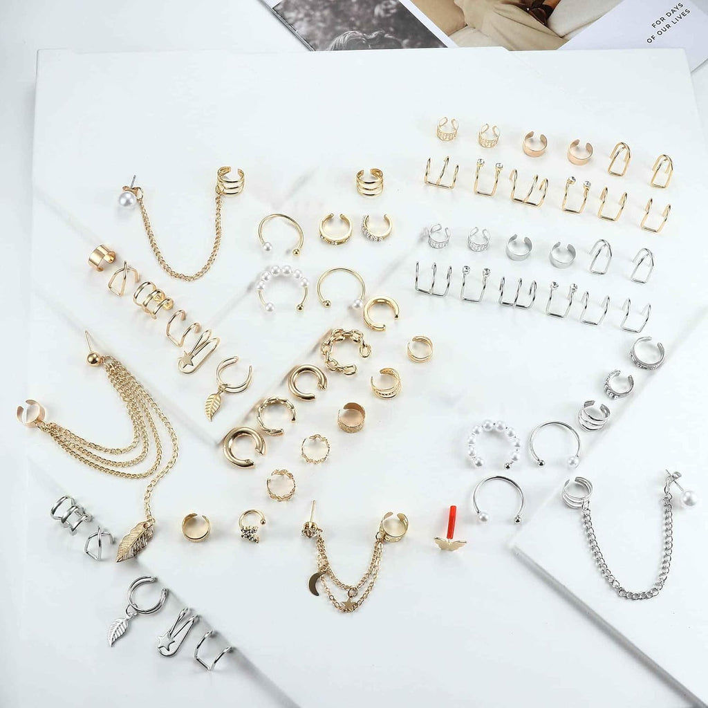 BESTEEL 66Pcs Ear Cuff Earrings for Women Non Piercing - 14K Gold Plated Ear Cuffs Adjustable Non Pierced Clip On Cartilage Conch Earring Stacks CZ Star Butterfly Ear Wraps Fake Piercings Earings Gift