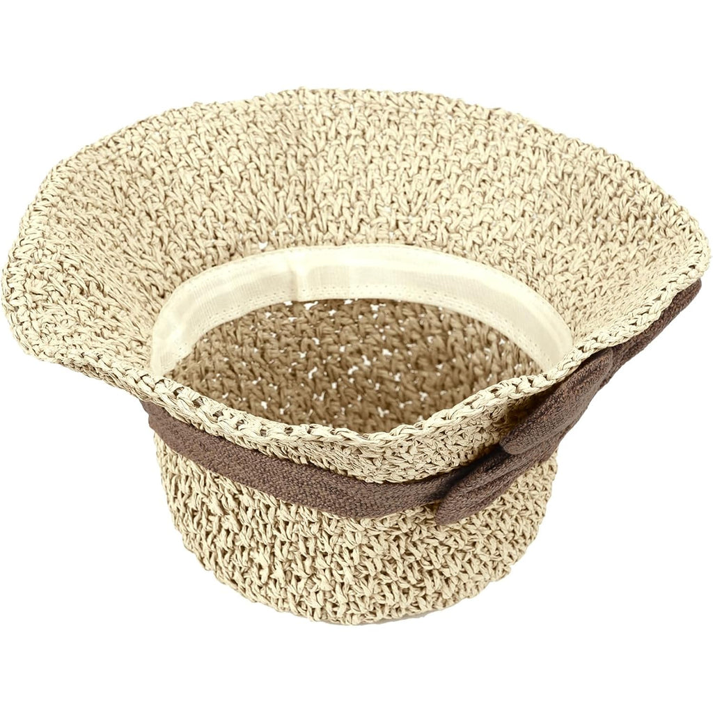 Purfun Women Vintage Bowknot Straw Hats Flower Shape Cloche Hat Anti-Uv Floppy Sun Hats Bucket Hat Roll Up Travel Beach Caps