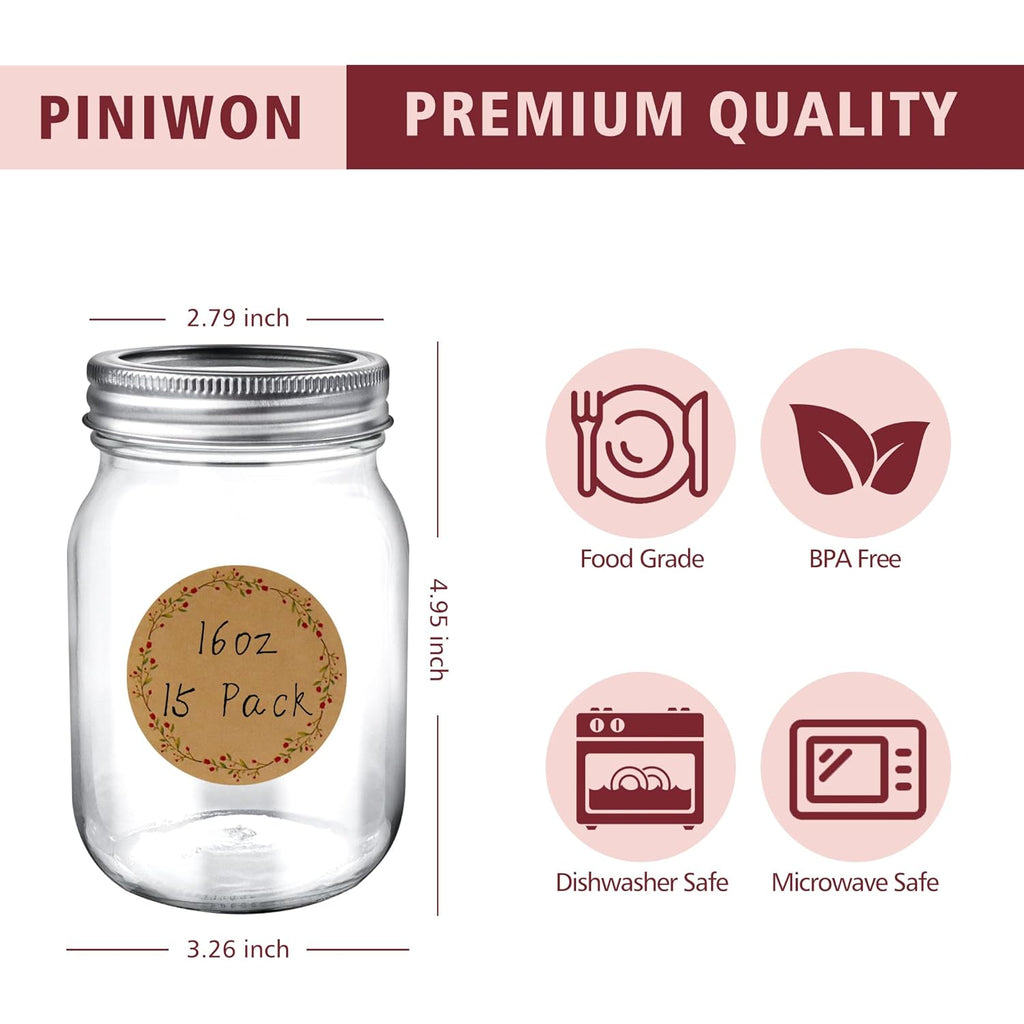 PINIWON Mason Jars 16 oz with Airtight Lids and Bands, 15 Pack Regular Mouth Canning Jars, Clear Glass Pint Jars for Canning, Pickling, Food Storage, DIY Projects, 24 Labels, Brush & String Included