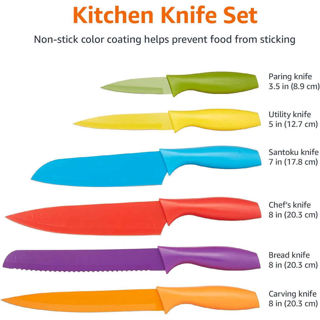 Amazon Basics Color-Coded Dishwasher Safe Kitchen Knife Set, 12-Piece with Ergonomic Handles, Non-stick Sharp Blades, 6 Knives with 6 Blade Guards, Multicolor, 13.88 x 4.13 x 1.38 inch