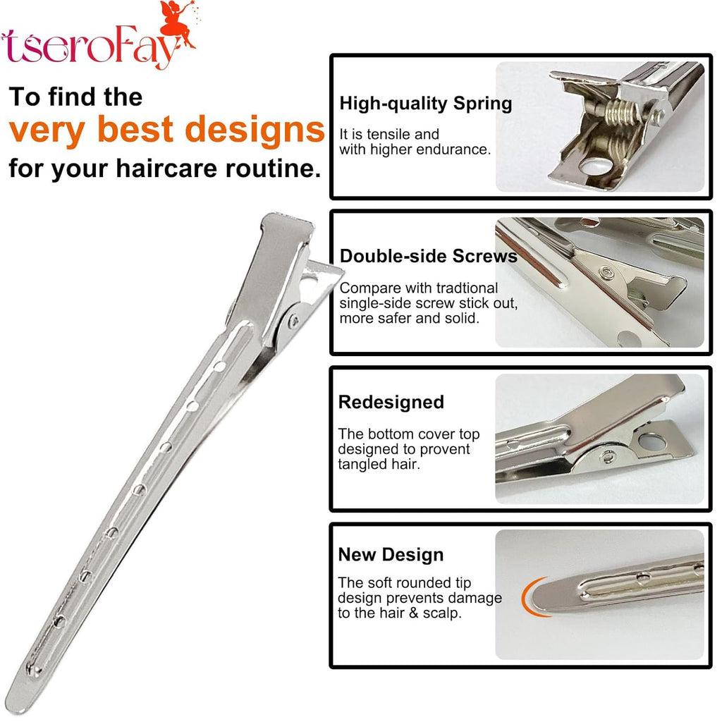 RENEWED Metal Silver Duck Billed Clips: 24Pcs Long Hair Sectioning and Curl Clips for Women with Case