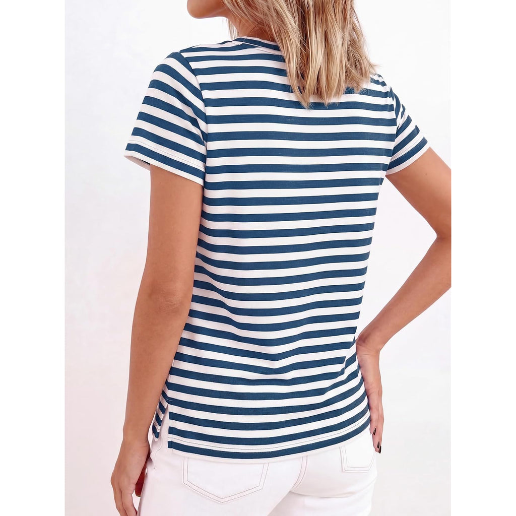 Btfbm Tops For Women Trendy Summer 2026 Crew Neck Short Sleeve T Shirts Striped Casual Vacation Blouse Basic Tee