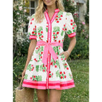 Wenrine Womens Summer Floral Mini Dress Puff Short Sleeve V Neck Button Down Casual Loose Boho Beach Dresses With Belt