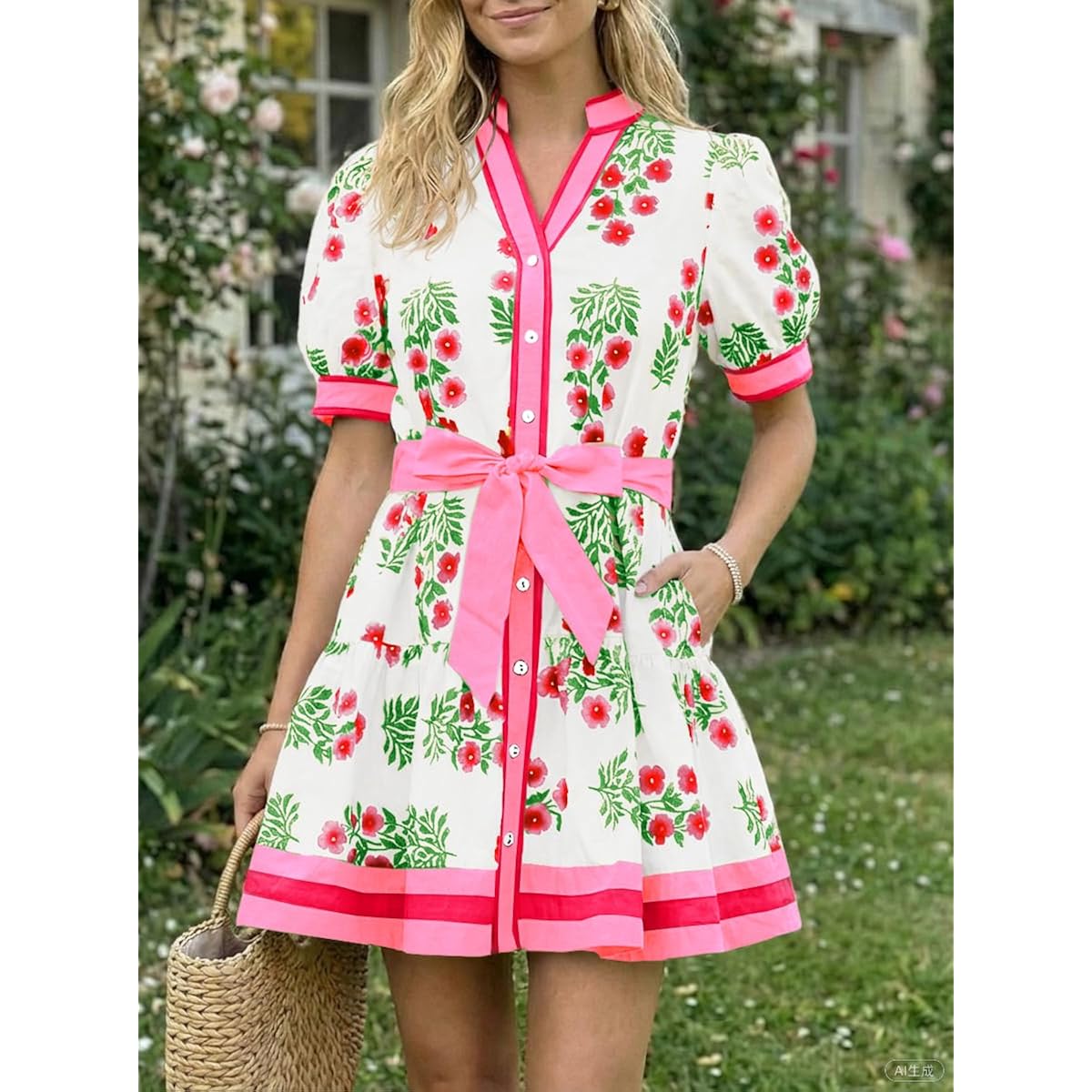 Wenrine Womens Summer Floral Mini Dress Puff Short Sleeve V Neck Button Down Casual Loose Boho Beach Dresses With Belt