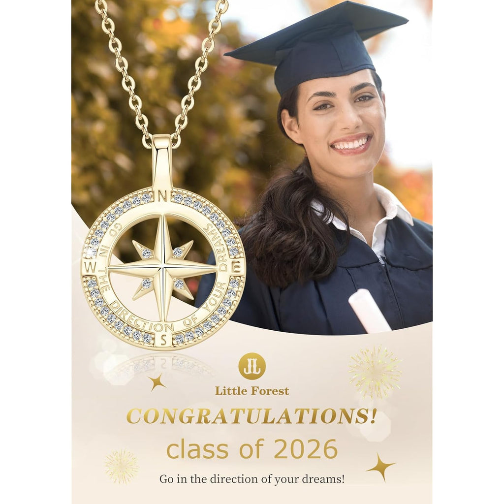 Compass Necklace for Women, 925 Sterling Silver Pendant Jewelry Cubic Zirconia Unisex Senior High School College for Masters Degree Graduation Birthday Christmas Ideas Gift