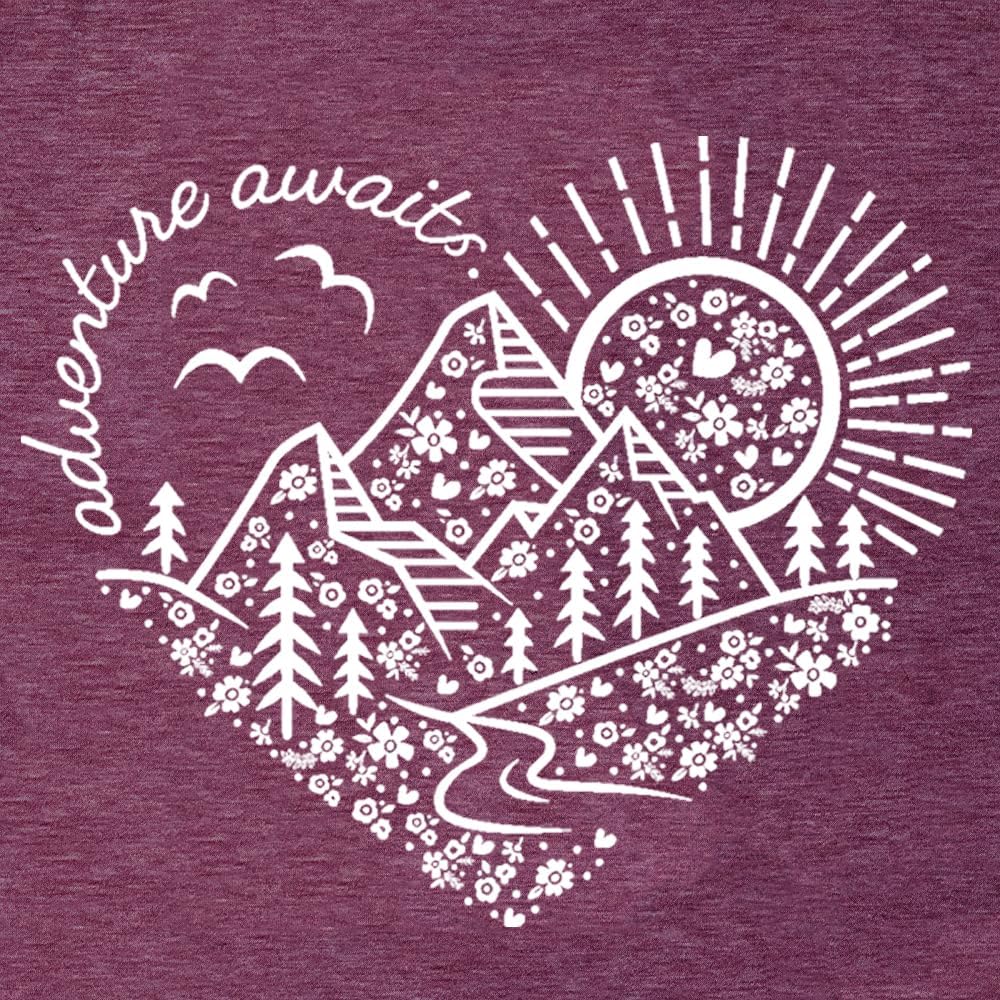 Women Adventure Awaits Outdoor Graphic Tee Shirt Kindness Heart Printed Hike Mountain Nature Travel Shirt Workout Tops Purple-a