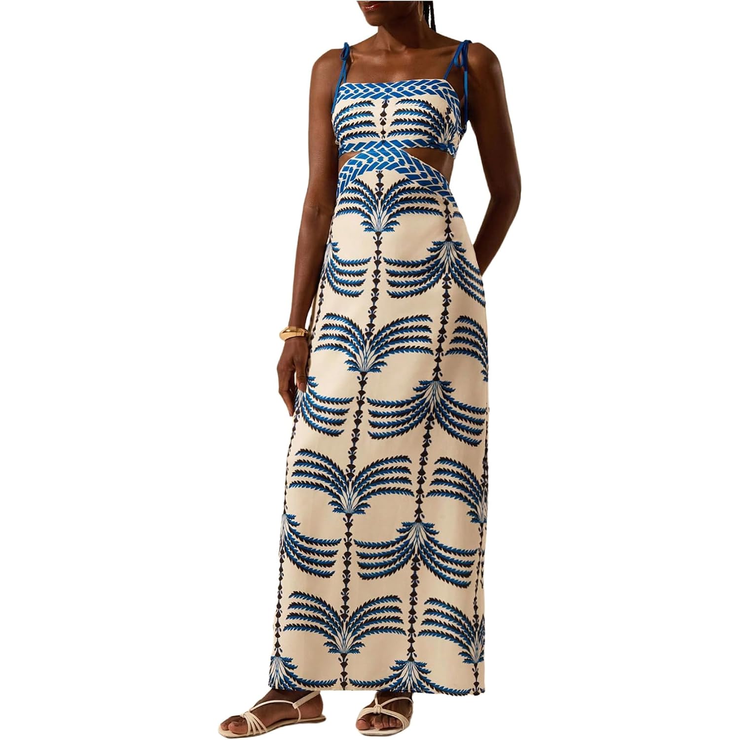 Soly Hux Women'S Summer Maxi Dress Boho Print Tie Shoulder Spaghetti Strap Cut Out Tie Back Cami Dresses Sundress