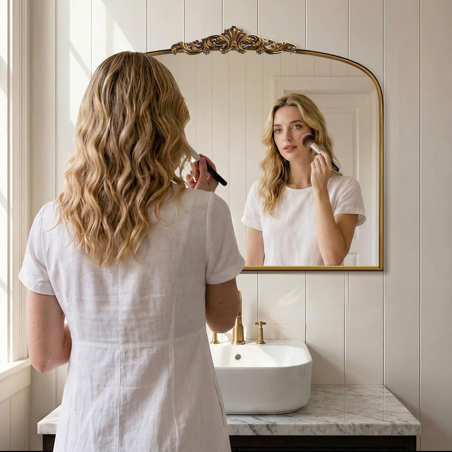 Vintage Gold Mirror 36"X30" Arched Antique Wall Mirror | Metal Frame, Hd Tempered Glass, Include Wall Mount Screws,Ideal For Entryway, Fireplace, Living Room, Hallway Or Wall Decor