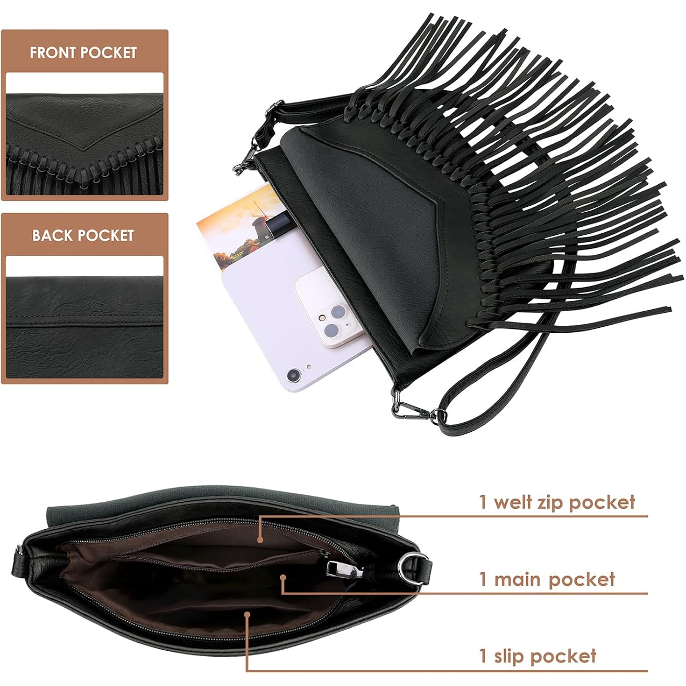 Hde Women'S Pu Leather Hobo Fringe Crossbody Tassel Purse Vintage Flap Envelope Handbag Western Sling Shoulder Bag