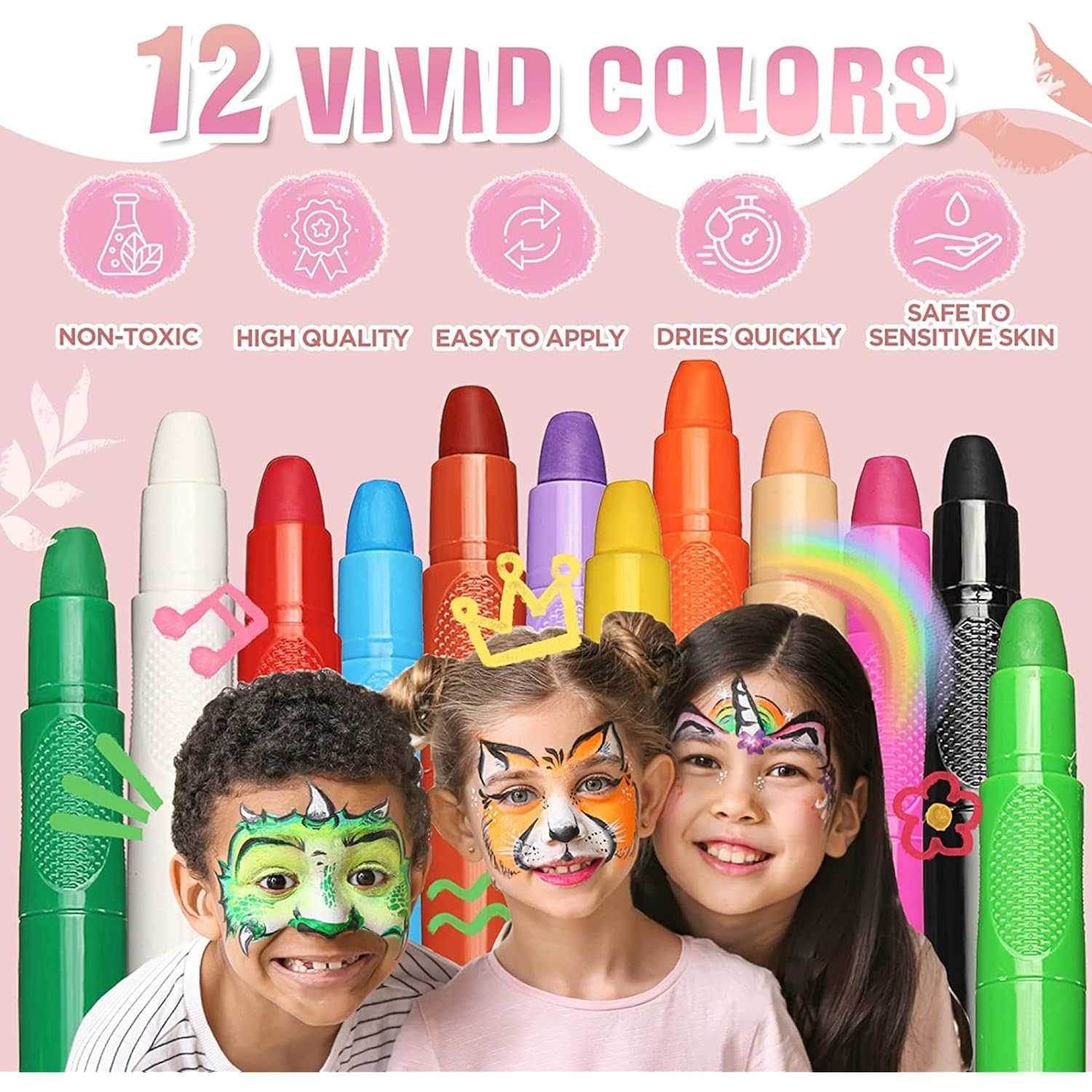 Beesjuy Face Painting Kits for Kids,12 Color Water Based Face Paint Kit, Washable Kids Body Paint for Makeup, for Birthday, Halloween, Thanksgiving Day, Cosplay Makeup, Gifts for Children