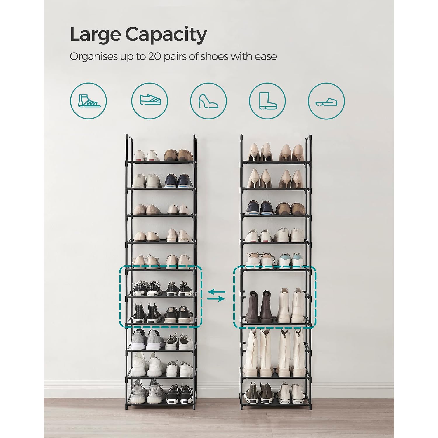 Songmics Shoe Rack, 10-Tier Shoe Shelf, Shoe Storage Organizer, 11 X 17.7 X 68 Inches, Metal Frame, Non-Woven Fabric Shelves, For Entryway, Bedroom, Black Ulsh010B02