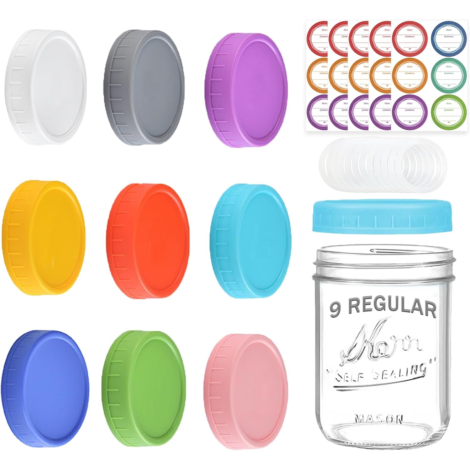9 Pack Regular Mouth Mason Jar Lids - 70mm Colored Plastic Mason Lids with Silicone Rings and Removable Labels for Ball, Kerr and More, Thickened & Leak-proof, Dishwasher Safe, Reusable Canning Lids