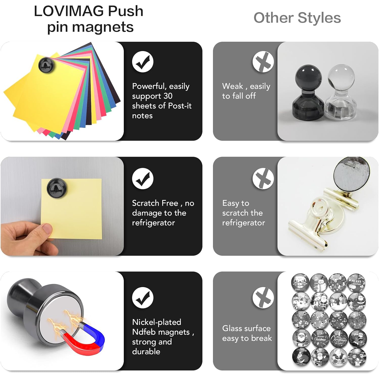 Lovimag Fridge Magnets 12Pcs, Magnet For Refrigerator Whiteboard, Black | Small Strong Neodymium Metal Cute Push Pin For Classroom, Kitchen, Accessories Decorative, Office, Calendar