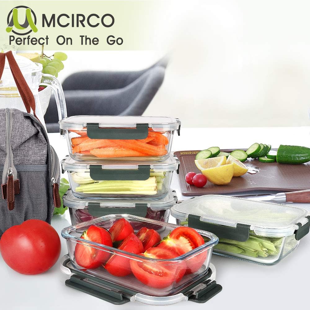 M MCIRCO [5-Packs, 36 Oz Glass Meal Prep Containers with Snap Locking Lids Glass Food Containers,Airtight Lunch Container,Microwave, Oven, Freezer and Dishwasher (4.5 Cup)