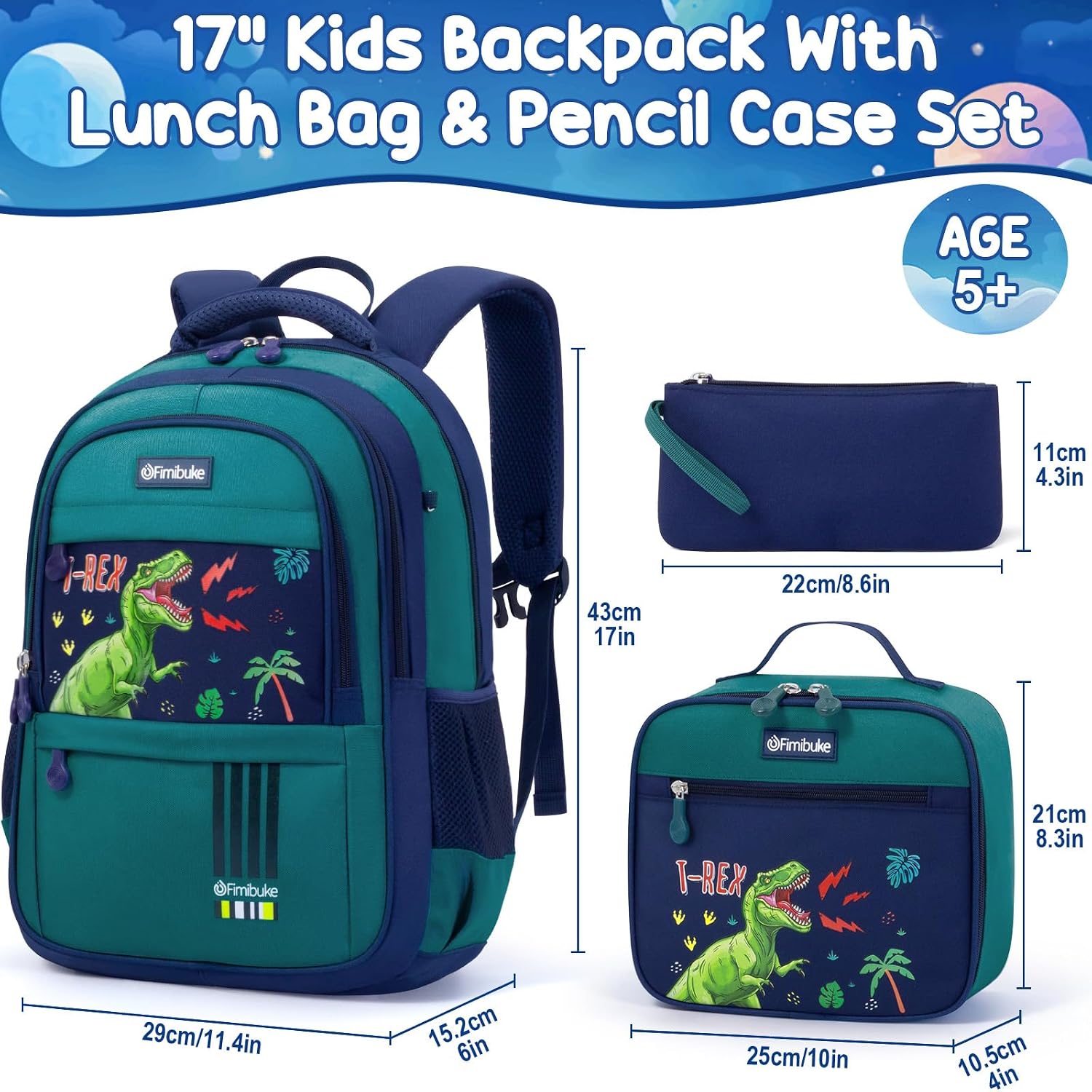 Fimibuke Kids Backpack For Boys, 3 Pcs Dinosaur Backpack W/Lunch Box Set | Waterproof Boys Bookbag Lunch Box Combo For Toddler Kids Age 5-12 , Dino School Bag For Kindergarten To Middle Back To School