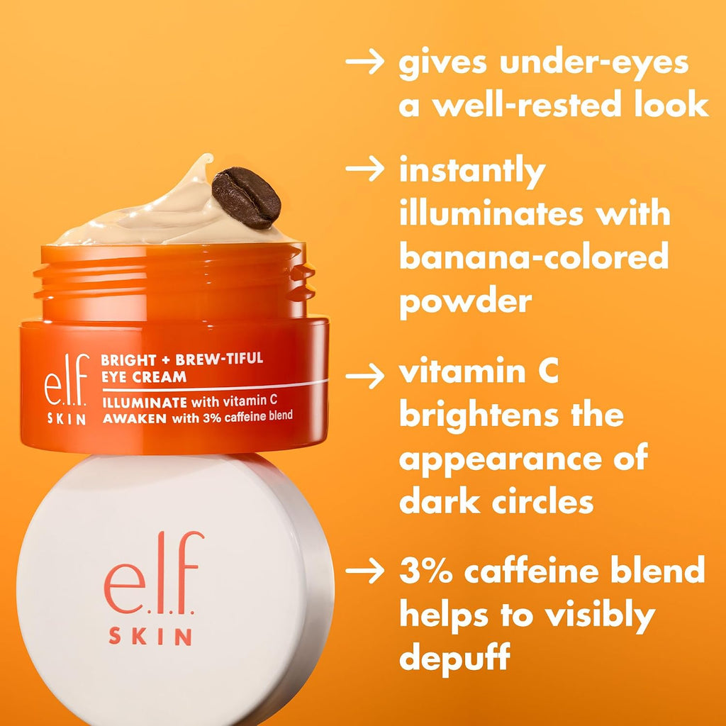 E.L.F. Skin Bright + Brew-Tiful Eye Cream Mini, Helps Brighten Appearance Of Undereye Dark Circles & Repair Puffiness, Vegan & Cruelty-Free
