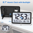 Atomic Wall Clock With Backlight, Digital Wall Clock Battery Operated For Classroom, Bedroom, Office, Large Display With Indoor Temperature, Humidity, Date, Auto Dst, 6 Time Zones