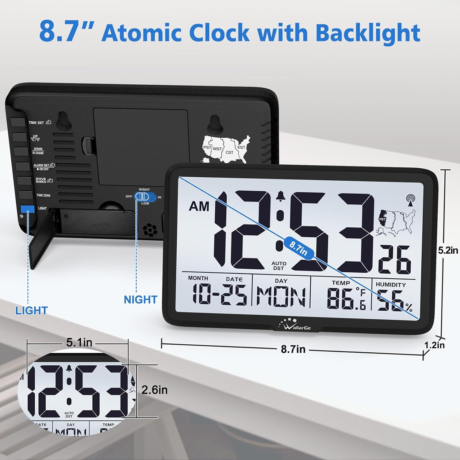 Atomic Wall Clock With Backlight, Digital Wall Clock Battery Operated For Classroom, Bedroom, Office, Large Display With Indoor Temperature, Humidity, Date, Auto Dst, 6 Time Zones