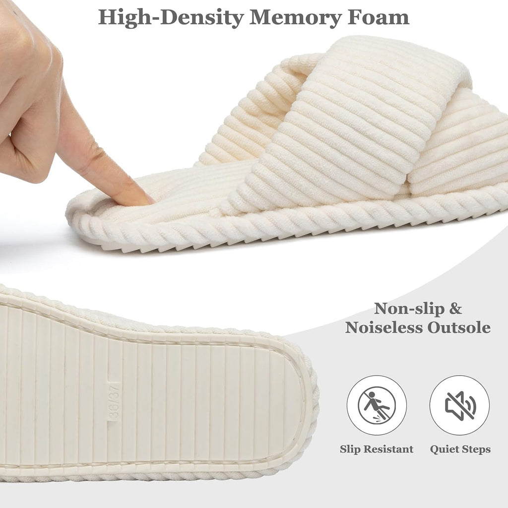 Slippers For Women Memory Foam House Bedroom Corduroy Crossbands Open Toe Slides Sandals Shoes Comfy Trendy Gift For Womens Anti-Skid Sole