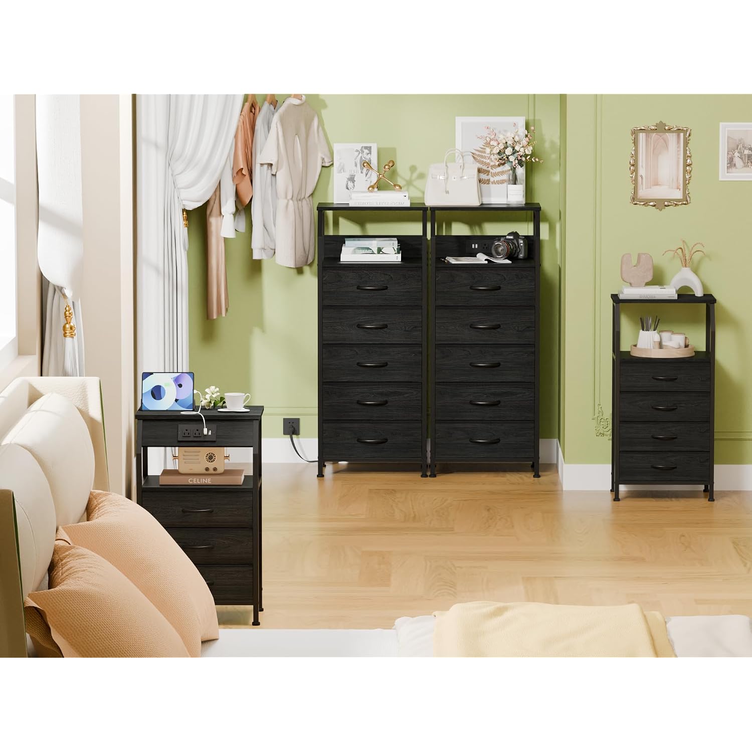 5 Drawers Dresser With Charging Station, Fabric Chest Of Drawers With Open Shelf, Tall Night Stand, Bedside Table For Closet, Entryway, Bedroom Furniture, 3 Ways To Use, Black Oak