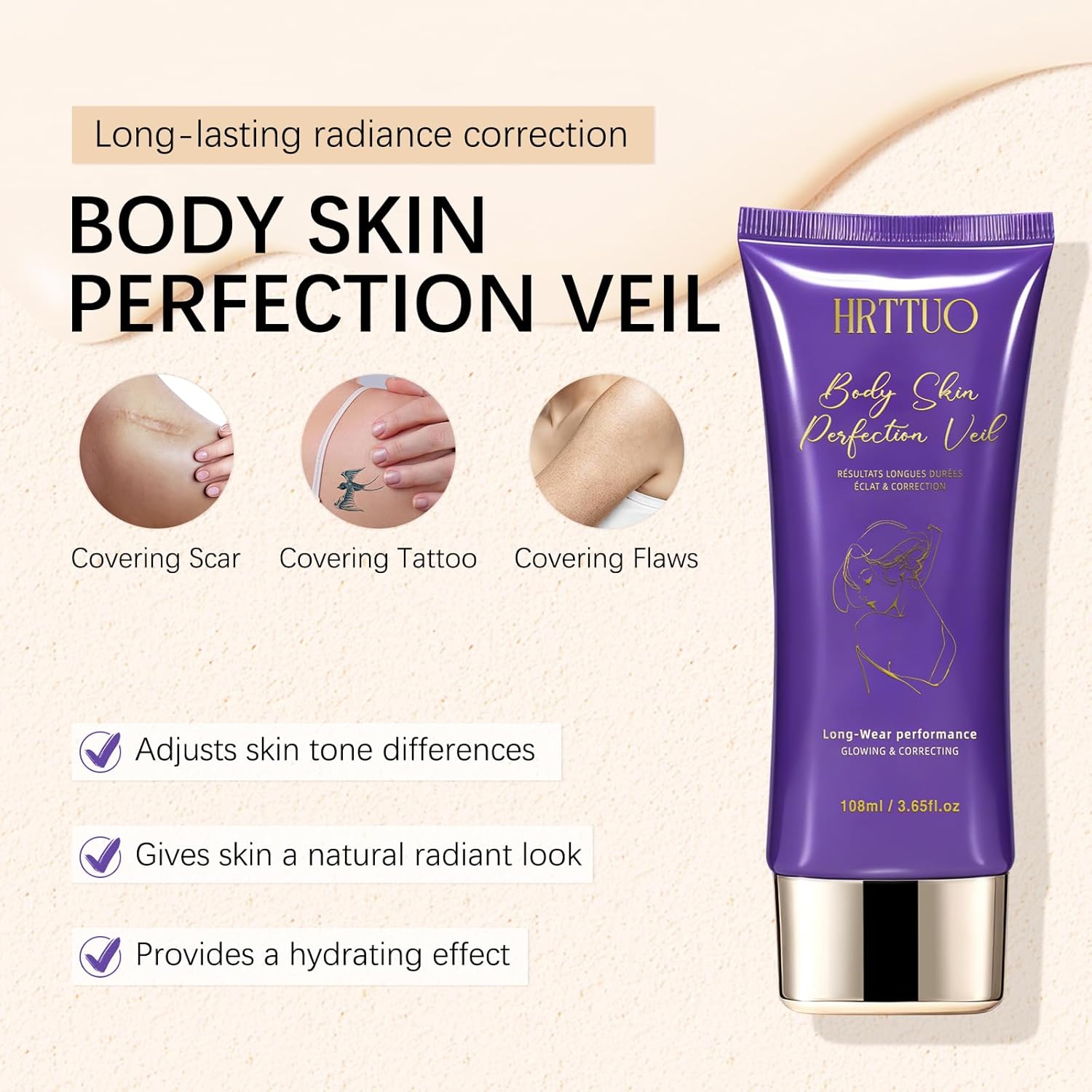Body Coverage Perfector with Brush - Waterproof Leg & Body Makeup for Skin Imperfections & Uneven Tone, Transfer-Resistant Natural Finish Concealer, Flawless Looking Legs (Natural Radiance)