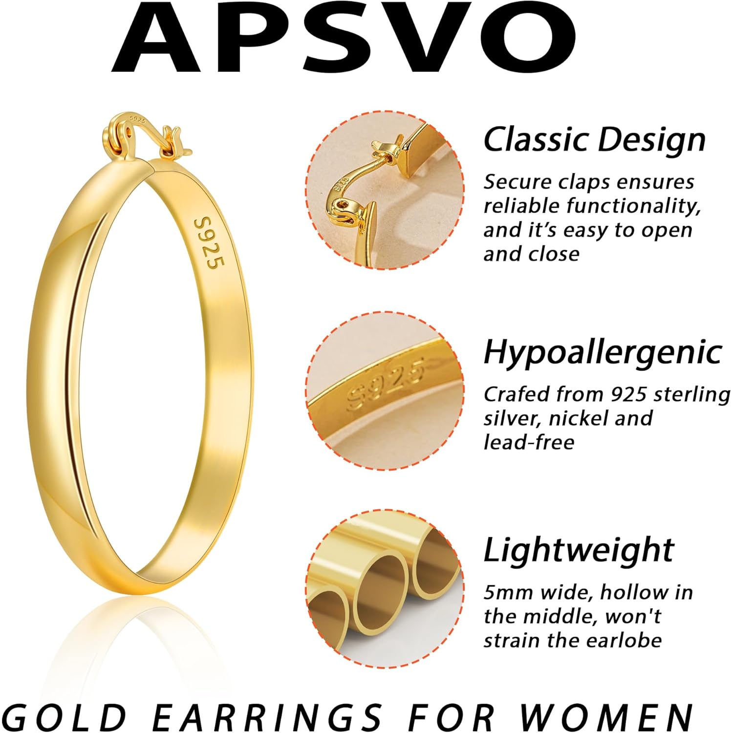 Apsvo Hoop Earrings for Women, 5mm Wide 14K Gold Plated/Silver Hoop Earring Hypoallergenic 925 Sterling Silver Earrings Lightweight Large Earrings for Women