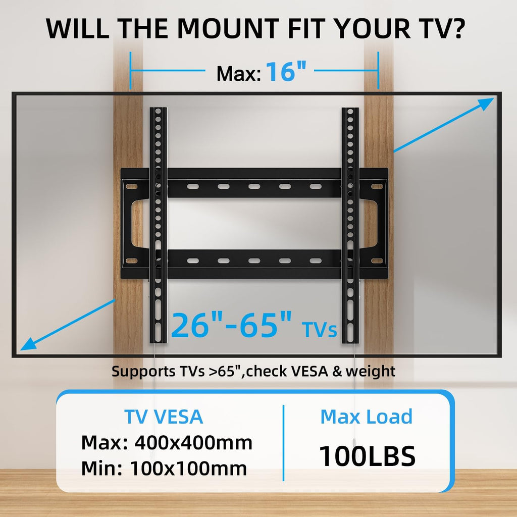 Home Vision Tv Wall Mount Fixed For Most 26-65 Inch Flat/Curved Tvs | Max Vesa 400X400Mm Up To 99Lbs Fits 16 Inch Wood Studs, Universal Low Profile Wall Mount Tv Bracket, Space Saving Hv8401