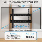 Home Vision Tv Wall Mount Fixed For Most 26-65 Inch Flat/Curved Tvs | Max Vesa 400X400Mm Up To 99Lbs Fits 16 Inch Wood Studs, Universal Low Profile Wall Mount Tv Bracket, Space Saving Hv8401