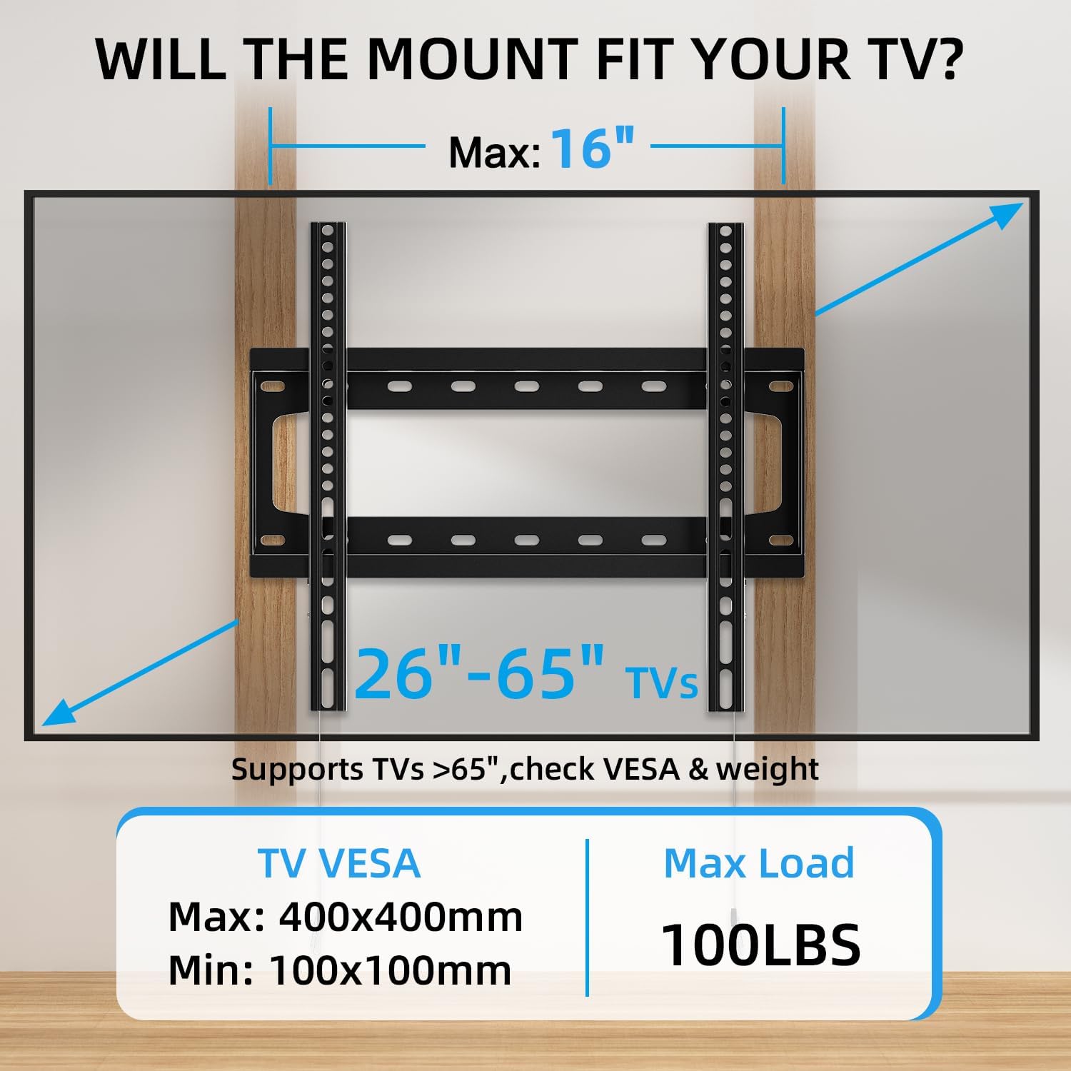 Home Vision Tv Wall Mount Fixed For Most 26-65 Inch Flat/Curved Tvs | Max Vesa 400X400Mm Up To 99Lbs Fits 16 Inch Wood Studs, Universal Low Profile Wall Mount Tv Bracket, Space Saving Hv8401