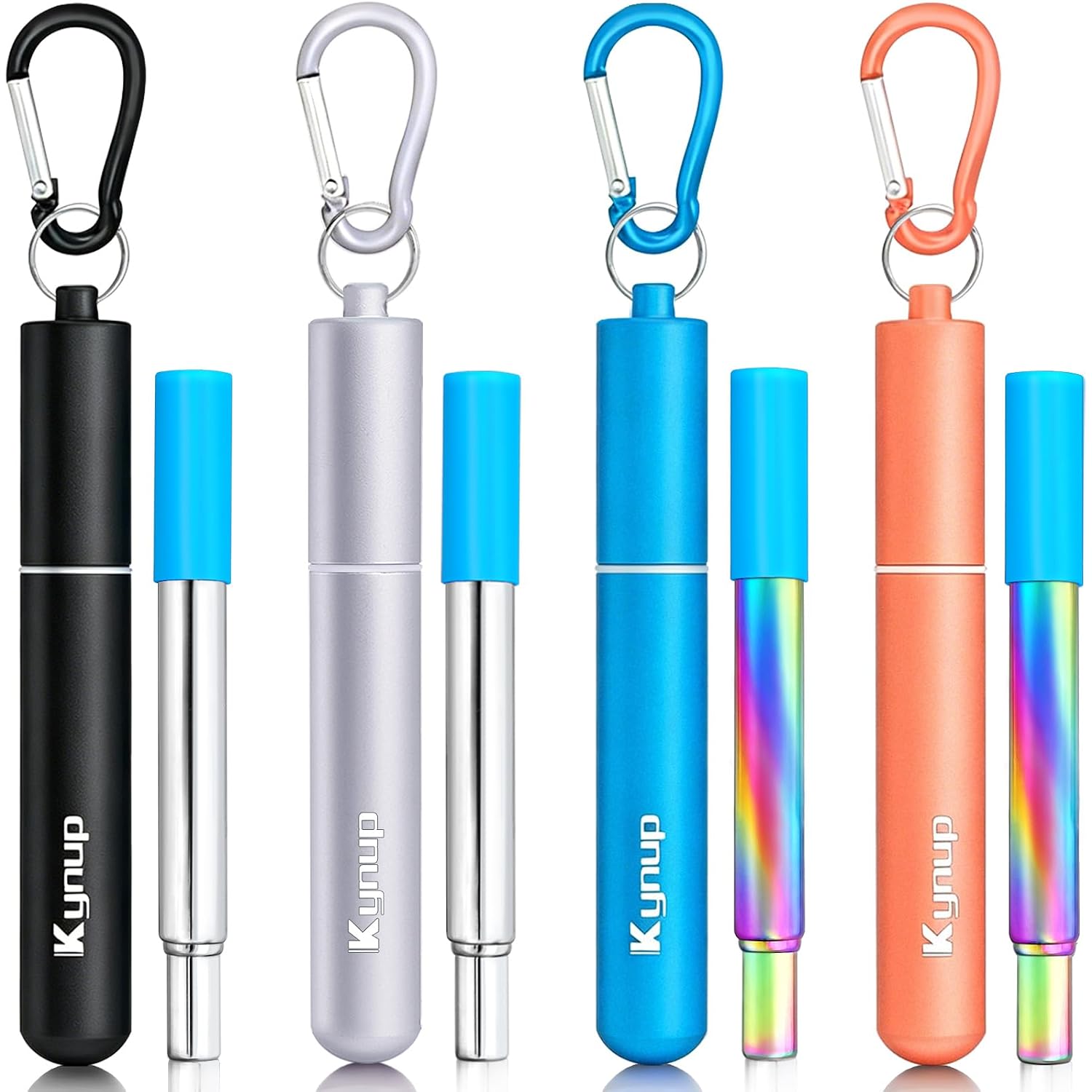 Kynup Reusable Metal Straws (4Packs), Collapsible Travel Drinking Straws With Cases, Cruise Ship Essentials, Cruise Must Haves With Silicone For Gifts (Blue-Black-Rose Gold-Silver)