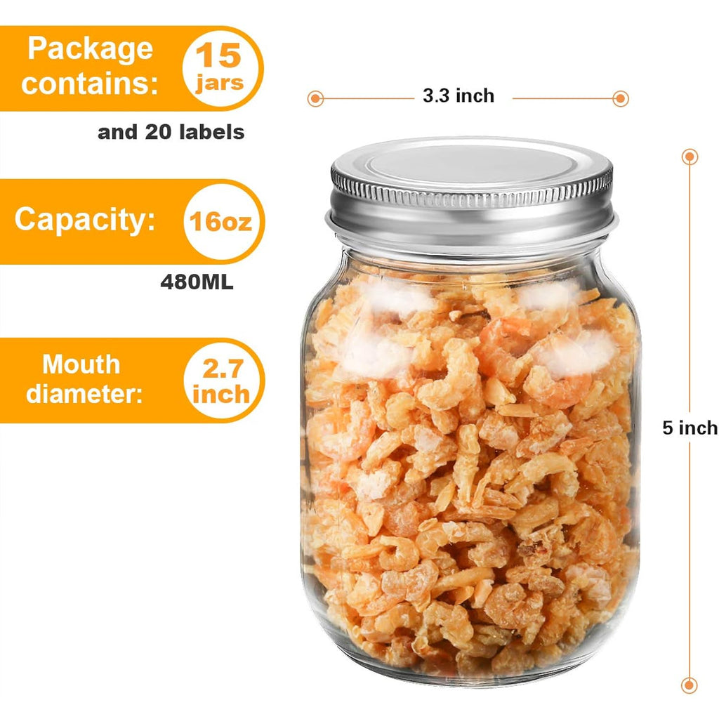 Rainforce 16 oz Mason Jars With Lids Regular Mouth 15 Pack-16oz Glass Jars with Silver Lids,Bulk Pint Clear Glass Jars For Meal Prep, Food Storage With 20 Labels