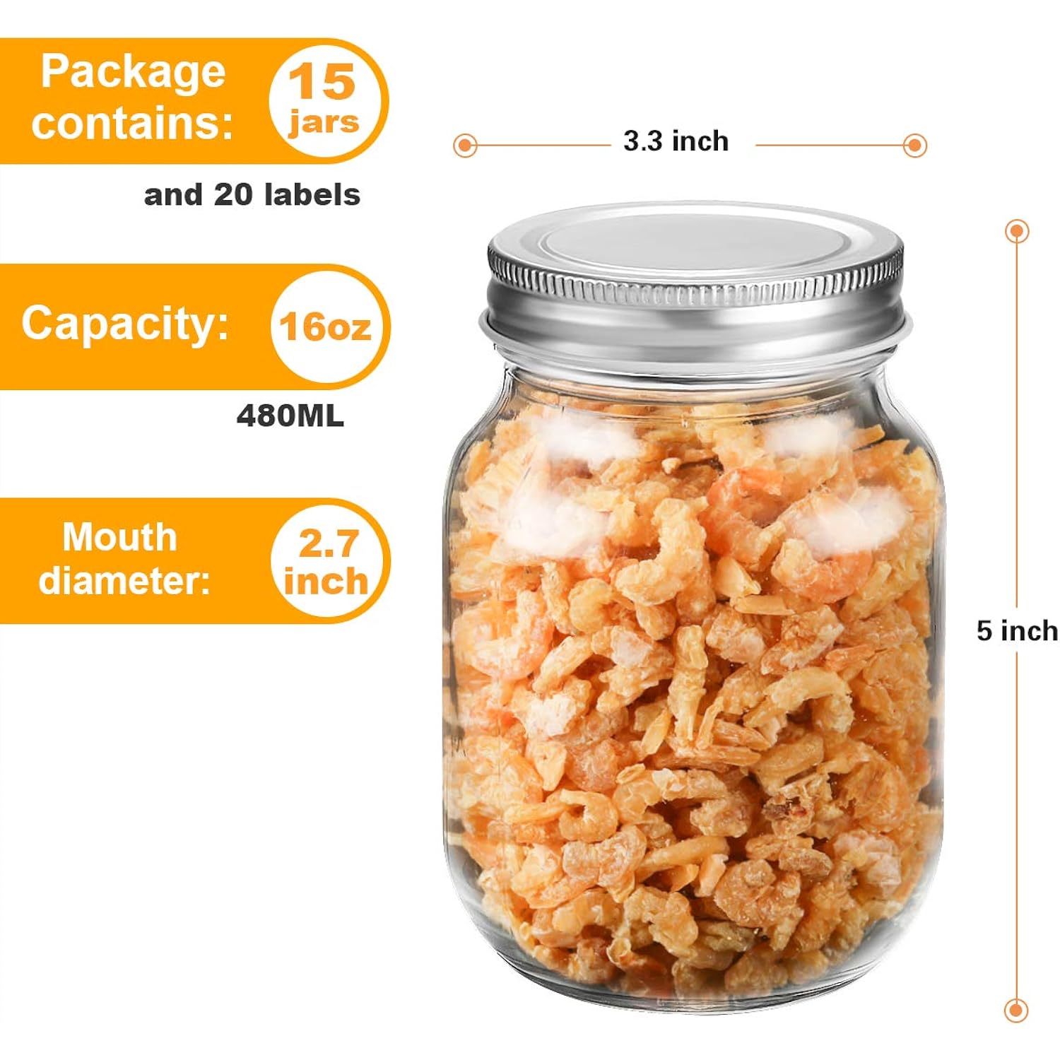 Rainforce 16 oz Mason Jars With Lids Regular Mouth 15 Pack-16oz Glass Jars with Silver Lids,Bulk Pint Clear Glass Jars For Meal Prep, Food Storage With 20 Labels
