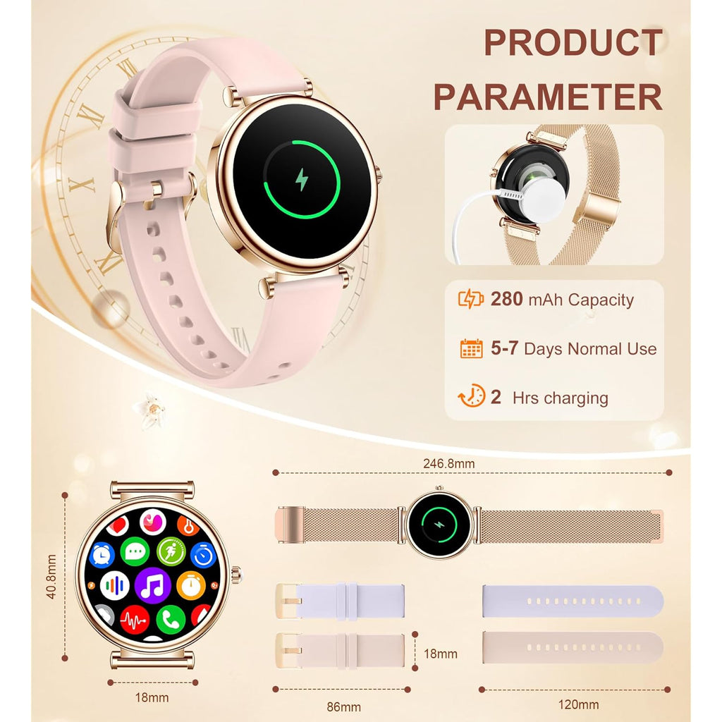 Smart watch for Women (Answer/Make Calls),1.27 Inch Round Smartwatch with 100+ sports modes, Heart Rate/Sleep Monitor Pedometer IP68 Waterproof Activity Fitness Watch for iPhone Android, Rose Gold