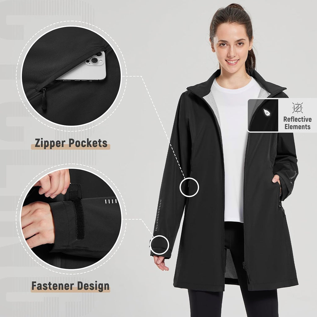 Baleaf Women'S Long Rain Coat Lightweight Packable Rain Jacket With Hood | Waterproof Windbreaker Rain Coat Adjustable Waist, Rain Jacket Women With 2 Deep Secure Zip Pockets