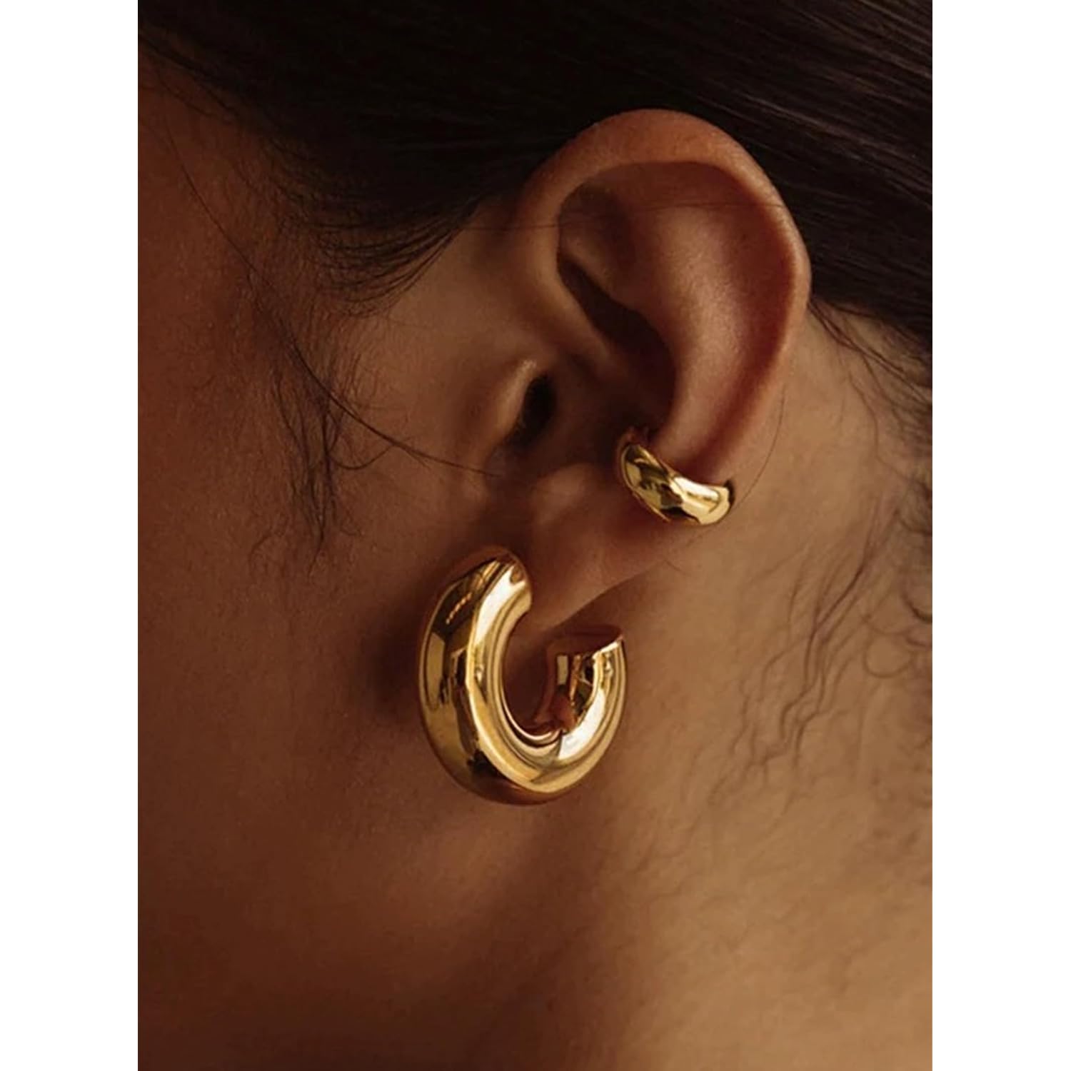 CONRAN KREMIX Waterproof Chunky Gold Hoops Earrings for Women Non Tarnish, Thick Gold Plated Circle Open Hoop,Lightweight Hollow Earrings Trendy