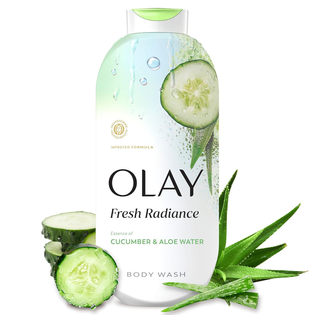 Olay Body Wash For Women, Fresh Radiance, 24/7 Skin-Loving Freshness, Visibly Radiant, Plant Based Cleansers, Vitamin B3 & Antioxidant Blend, For All Skin Types, Cucumber & Aloe Water Scent, 22 Fl Oz