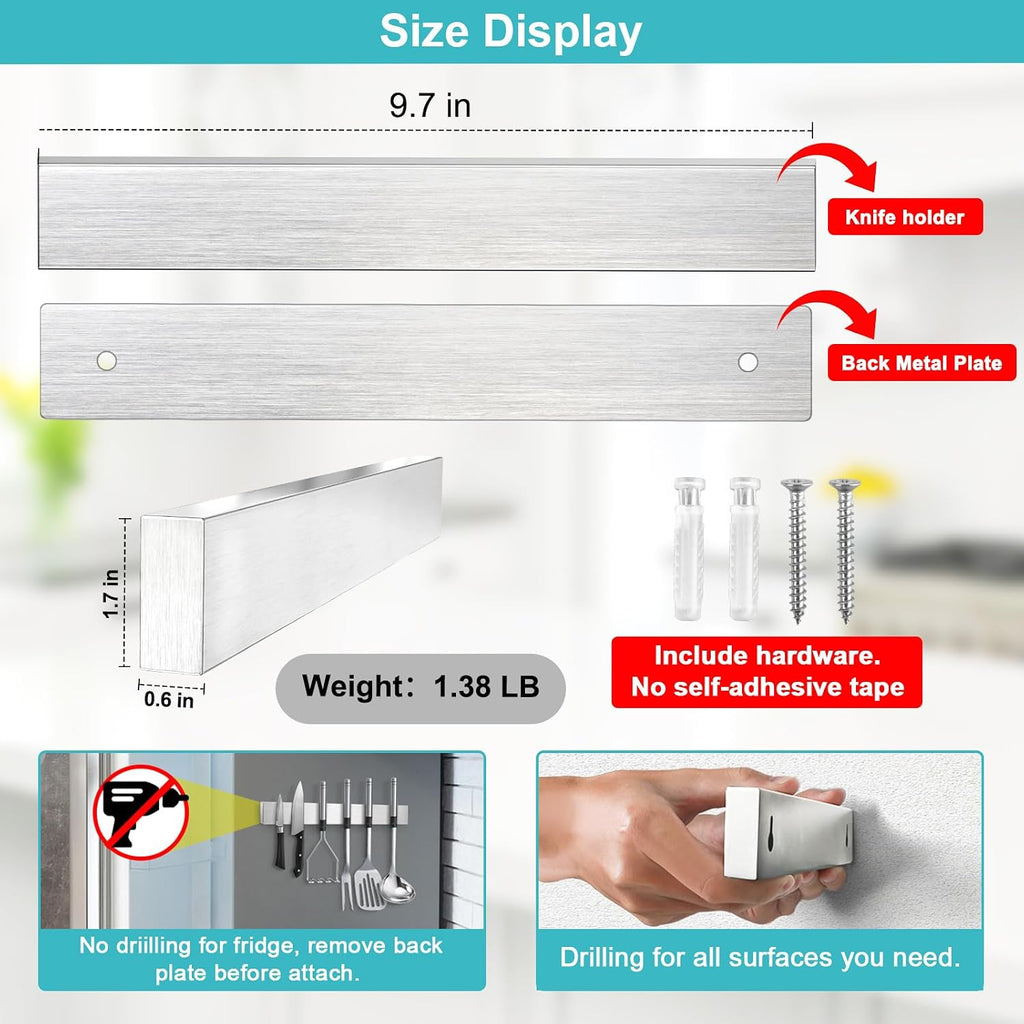 Magnetic Knife Holder For Wall, Knife Magnetic Strip Magnetic Knife Holder For Refrigerator Mount Knife Rack Kitchen Utensil Holder Metal Tool Holder Knife Block Kitchen Organizer Accessories 9.7 Inch