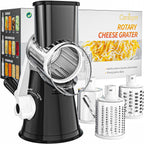 Cambom Rotary Cheese Grater Hand Crank Cheese Shredder For Fresh Cheese, Vegetable, Nuts,Non-Slip Suction Base, Three Blades, Black