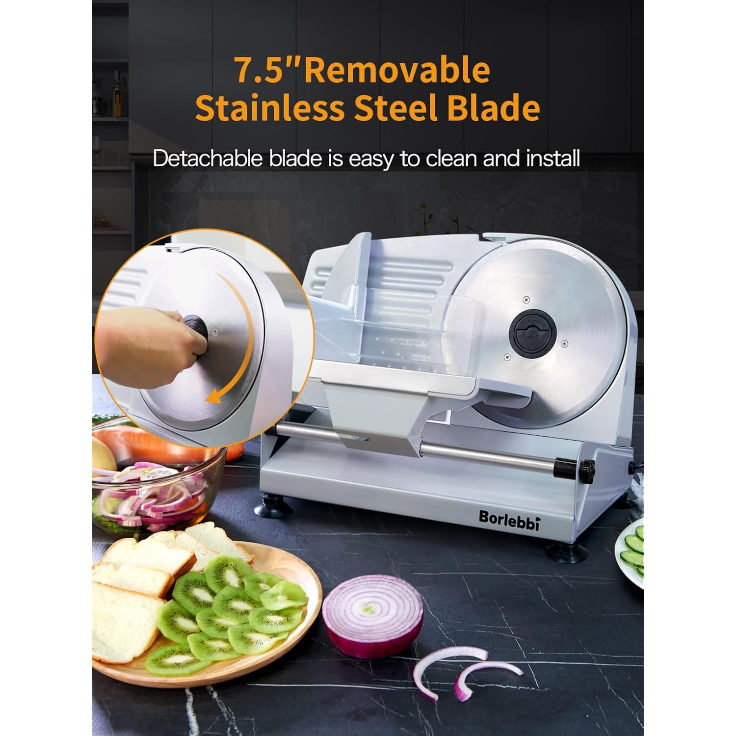 Meat Slicer, 200W Electric Food Slicer with 2 Removable 7.5" Stainless Steel Blades and Stainless Steel Tray, Child Lock Protection, Adjustable Thickness, Food Slicer Machine for Meat Cheese Bread