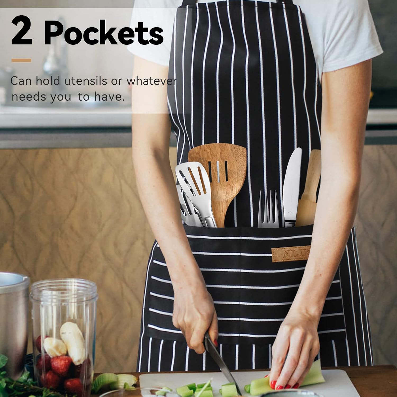 2 Pack Kitchen Cooking Aprons, Adjustable Bib Soft Chef Apron With 2 Pockets For Men Women(Black/Brown Stripes)
