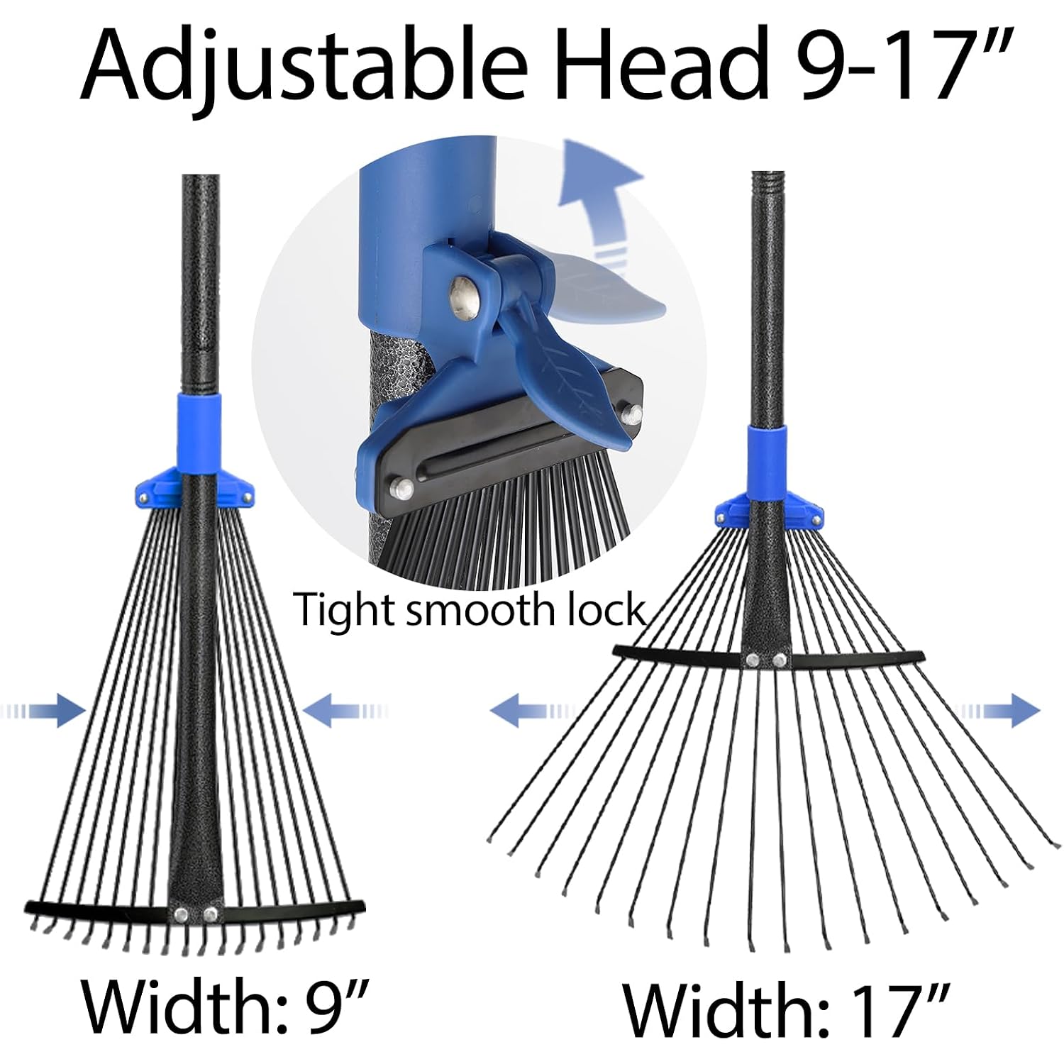 Adjustable Metal Leaf Rake Long Handle, Garden Rakes For Lawns Heavy Duty Leaves With Expandable Head 8-17", Yard Women Kids Rake For Gardening Rv Camping