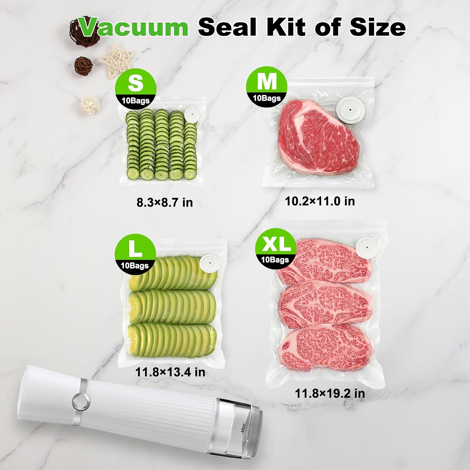 Vacuum Sealer For Food (Compact Vacuum Sealer Machine + 40 Reusable Vacuum Bags), Handheld Vacuum Food Saver For 10X Preservation & Fresh, Powerful 80Kpa Portable Vacuum Sealer