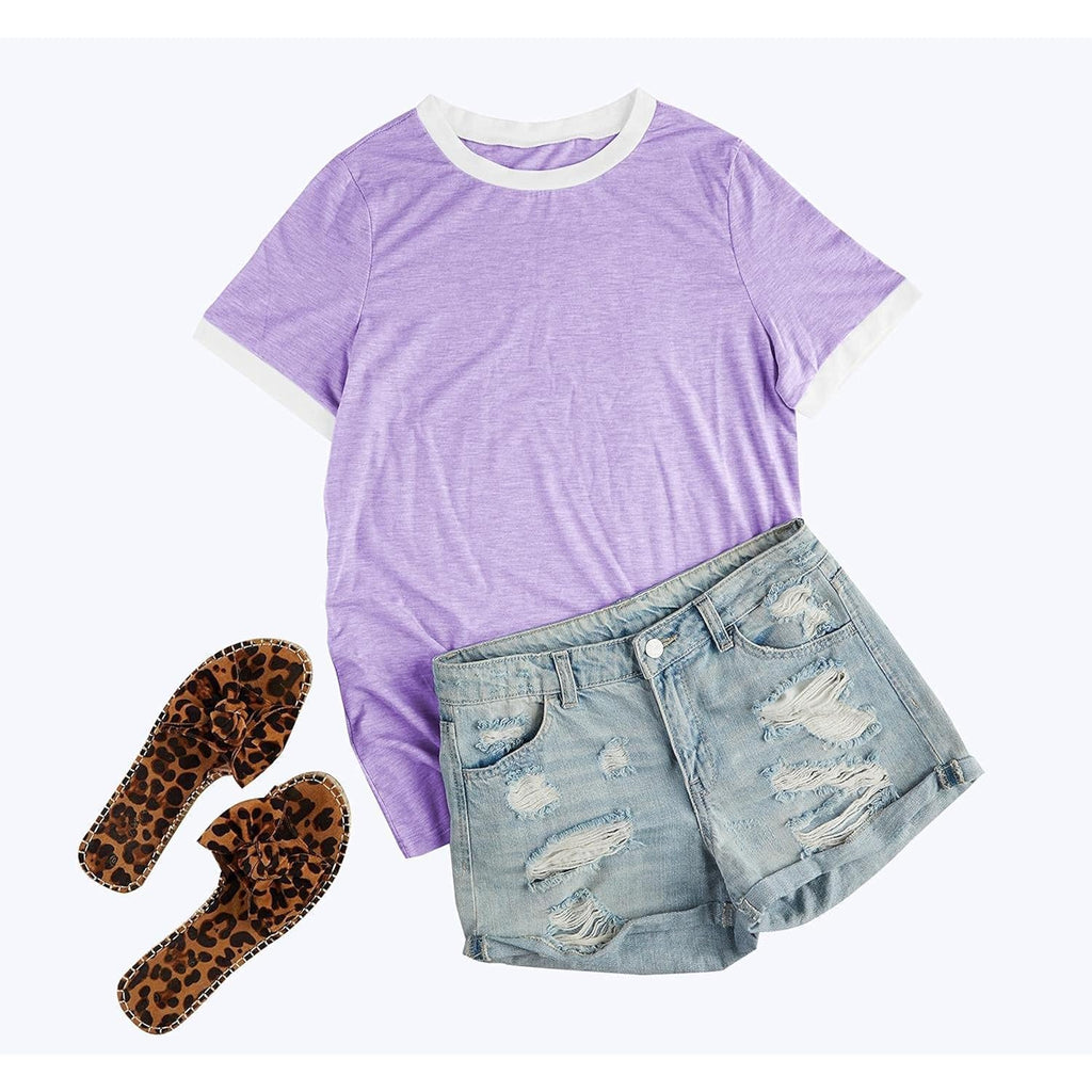 Womens T Shirt Short Sleeve Crew Neck Basic Color Block Tee Tops
